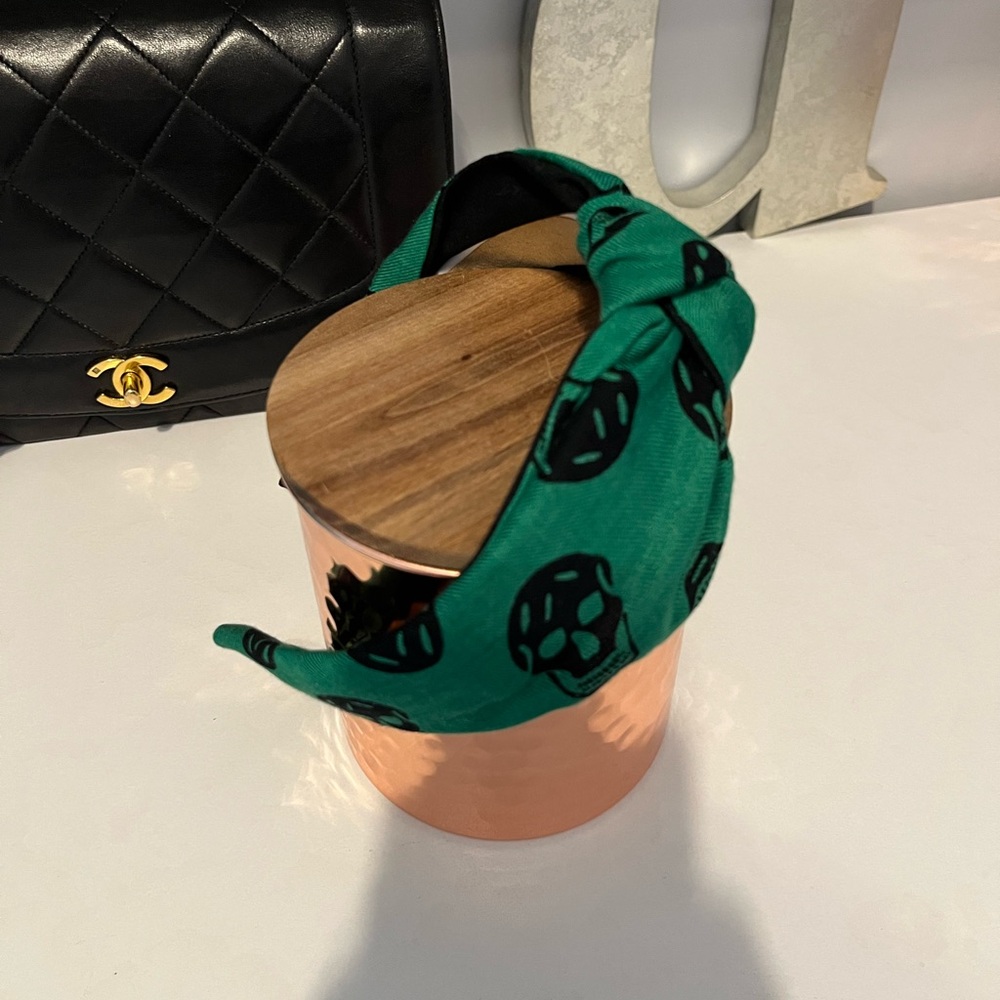 Repurposed McQueen Scarf Green & Black Skull Pattern Headband - Picture 5 of 6